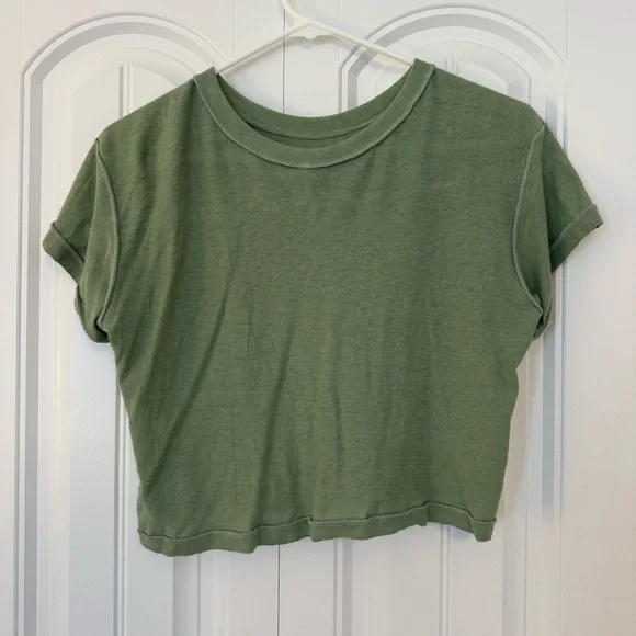 Free People Sage Green Knit Top Size XS Crop Navigator Eagle Gem Tee - Picture 3 of 5